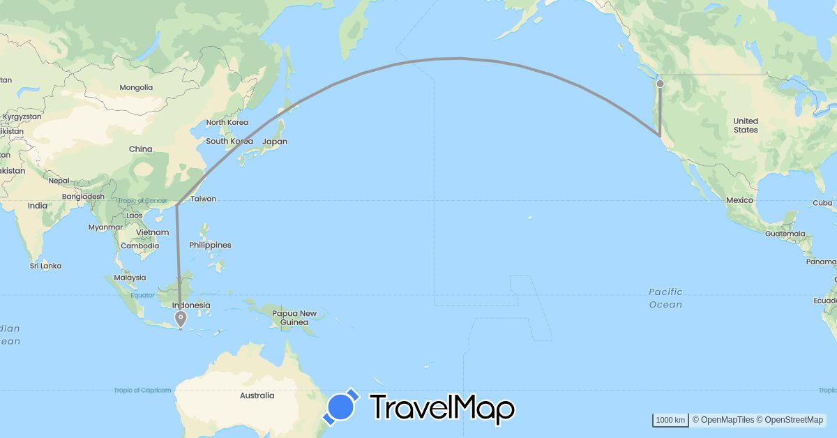 TravelMap itinerary: driving, plane in China, Indonesia, United States (Asia, North America)